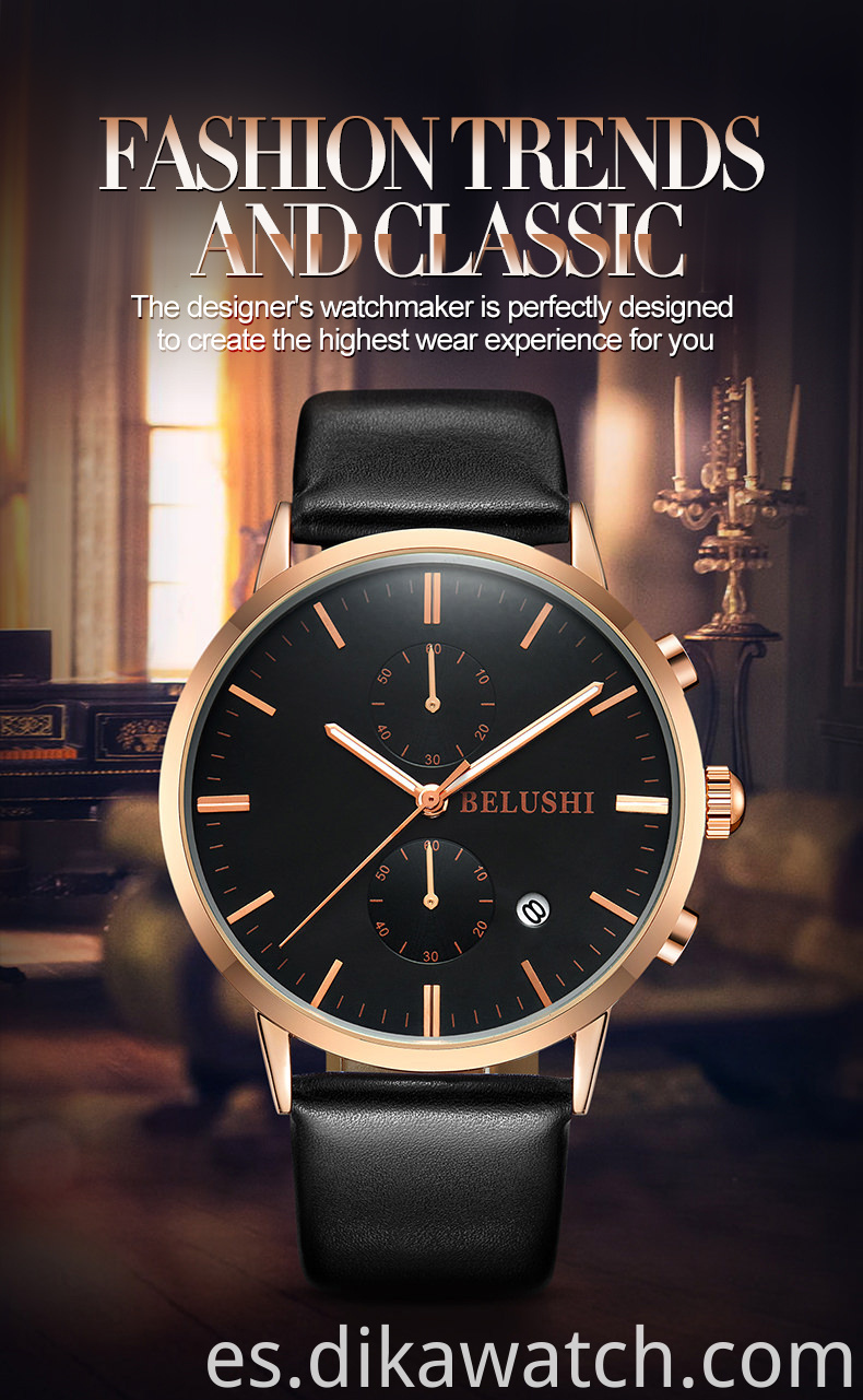 BELUSHI 522 Calendario multifuncional Relojes con correa de cuero para hombres con reloj luminoso Reloj informal de negocios a la moda Relogio Masculino